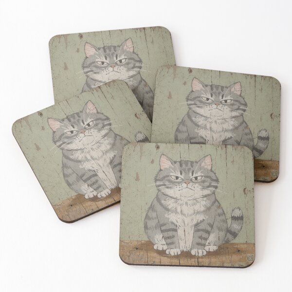 Item preview, Round Grey Cat Squinting Folk Art Painting designed and sold by PictorialWhimsy.