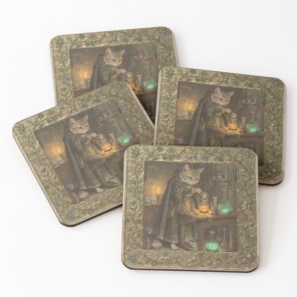 Item preview, Cat Alchemist and Bubbling Flasks Medieval Manuscript designed and sold by PictorialWhimsy.