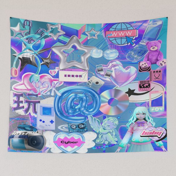Item preview, Cybercore Y2K Aesthetic Collage - Chrome Stars, Retro Tech & Anime designed and sold by Side By Side Studio.