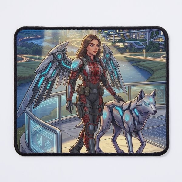 Item preview, Futuristic Ukraine Cyberpunk Angel Warrior with Robotic Lynx designed and sold by ElenMart.