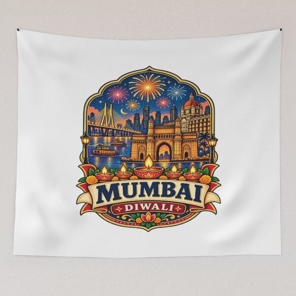 Aperçu de l'œuvre Vue de la ville de Mumbai pendant Diwali – Festival des lumières de Mumbai, Inde créée et vendue par Globalcitytees.