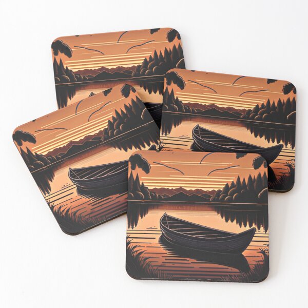 Item preview, Retro Sunset Canoe on Lake Serene Nature Landscape Art designed and sold by LuxocaDesigns24.