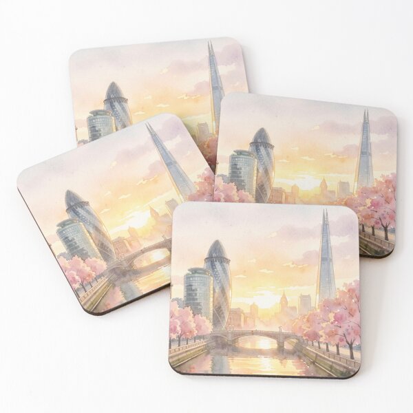 Item preview, London four season poster in watercolour, spring, skyline, The Shard, Gherkin, Thames, Big Ben,  London, Abstract art piece, beautiful unique London line art designed and sold by Coolparrotgirl.