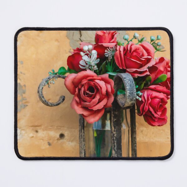Item preview, Red Rose Bouquet in Rustic Metal Wall Sconce Against Textured Orange Plaster Wall designed and sold by Nmallia.