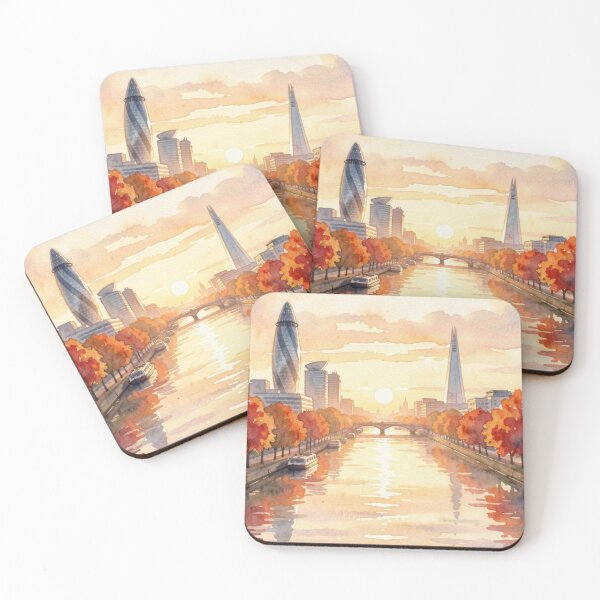 Item preview, London four season poster in watercolour, autumn fall, skyline, The Shard, Gherkin, Thames, Big Ben,  London, Abstract art piece, beautiful unique London line art designed and sold by Coolparrotgirl.