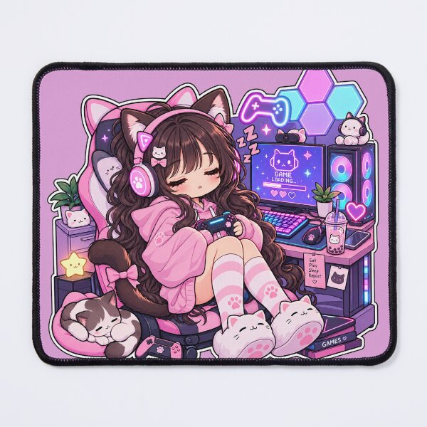 Item preview, Chibi Kawaii Gamer Girl Sleeping Cat Ears designed and sold by littlepiptales.