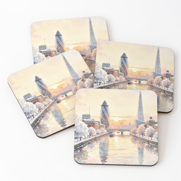 Item preview, London four season poster in watercolour, winter, skyline, The Shard, Gherkin, Thames, Big Ben,  London, Abstract art piece, beautiful unique London line art designed and sold by Coolparrotgirl.