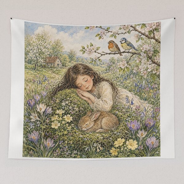 Item preview, Sleeping girl in a spring meadow with a hare designed and sold by thirtyonestars.
