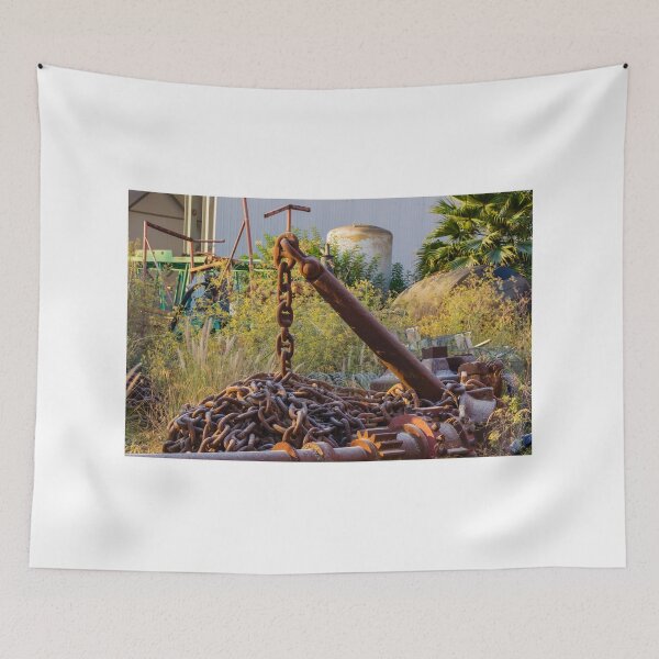 Item preview, Rusted Anchor and Heavy Chain Amid Overgrown Industrial Scrapyard With Machinery and Plants designed and sold by Nmallia.