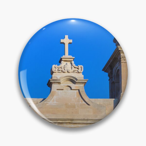 Item preview, Sandstone Church Facade With Twin Bell Towers And Cross Against Clear Blue Sky designed and sold by Nmallia.