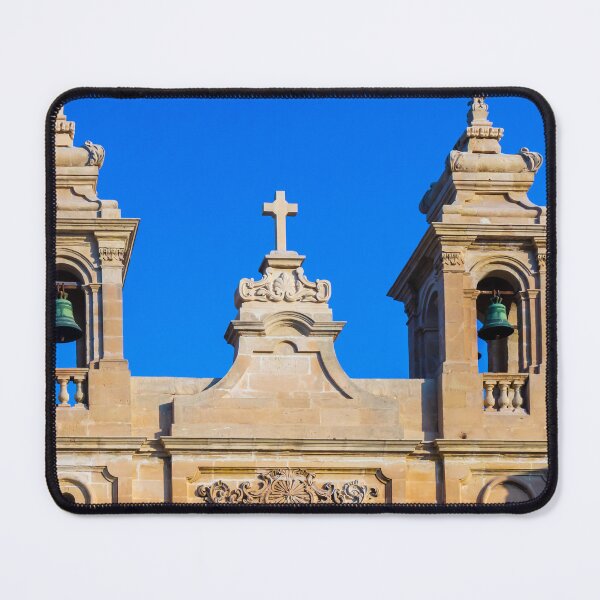 Item preview, Sandstone Church Facade With Twin Bell Towers And Cross Against Clear Blue Sky designed and sold by Nmallia.