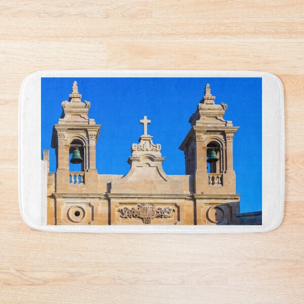 Item preview, Sandstone Church Facade With Twin Bell Towers And Cross Against Clear Blue Sky designed and sold by Nmallia.
