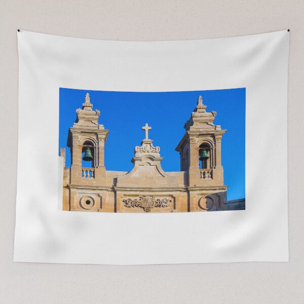 Item preview, Sandstone Church Facade With Twin Bell Towers And Cross Against Clear Blue Sky designed and sold by Nmallia.