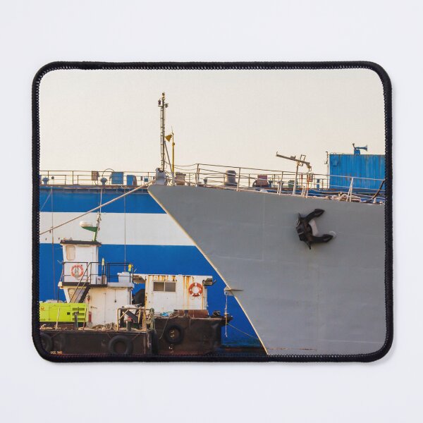Item preview, Gray Ship Bow Docked at Harbor With Calm Water Reflection and Industrial Port Details designed and sold by Nmallia.