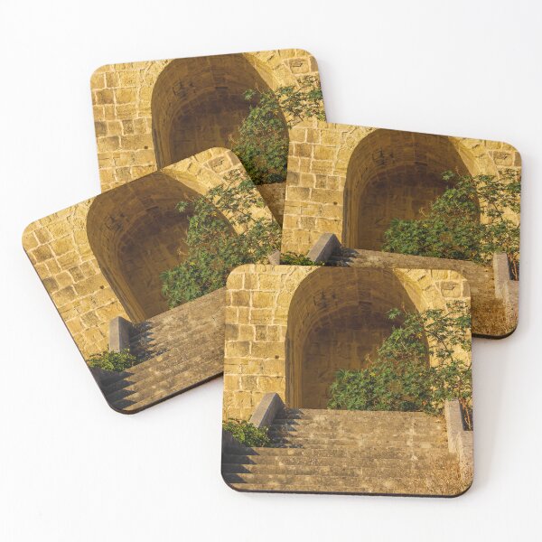 Item preview, Stone Stairs Leading to Historic Stone Archway and Sunlit Wall With Green Foliage designed and sold by Nmallia.
