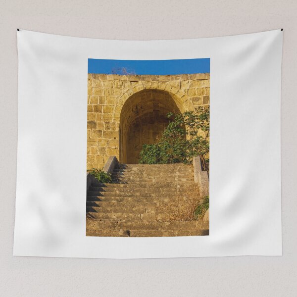 Item preview, Stone Stairs Leading to Historic Stone Archway and Sunlit Wall With Green Foliage designed and sold by Nmallia.