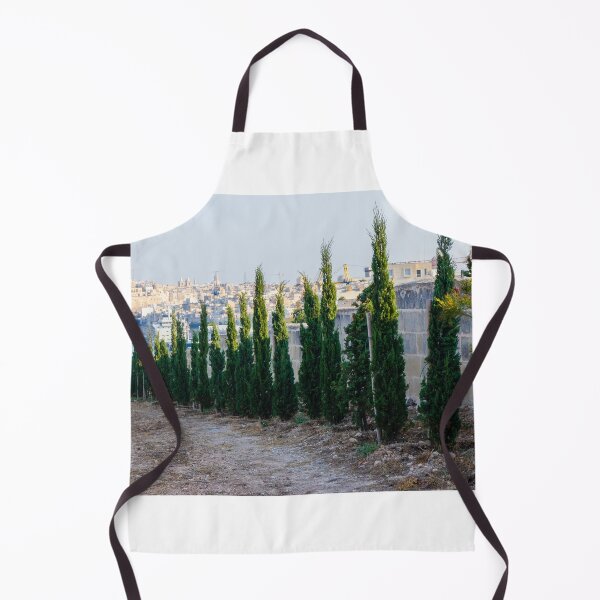 Item preview, Row Of Young Cypress Trees Along Stone Wall Overlooking Mediterranean Harbor And Historic Cityscape designed and sold by Nmallia.
