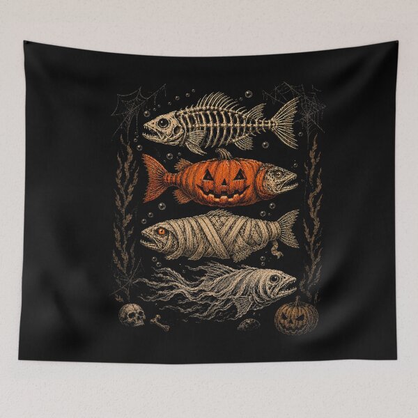 Item preview, Halloween Fish Skeleton Pumpkin Mummy Ghost Art designed and sold by VioletNance.