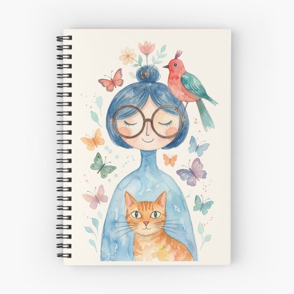 Item preview, Cute Girl with Orange Tabby Cat Bird and Butterflies Watercolor designed and sold by MoonOpuluna.