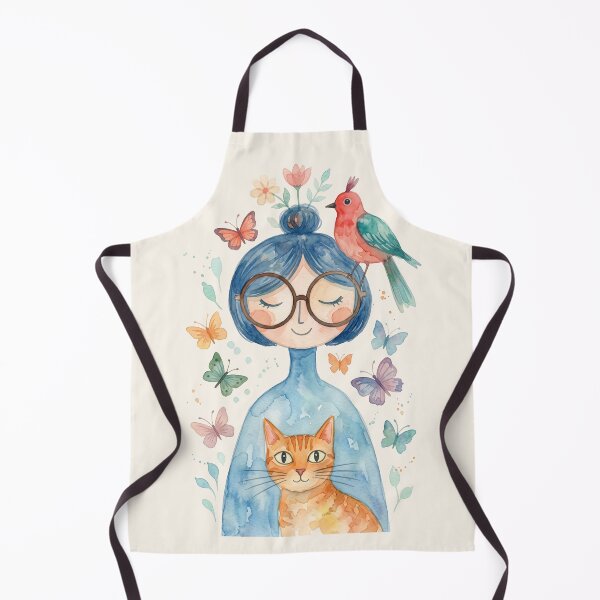 Item preview, Cute Girl with Orange Tabby Cat Bird and Butterflies Watercolor designed and sold by MoonOpuluna.
