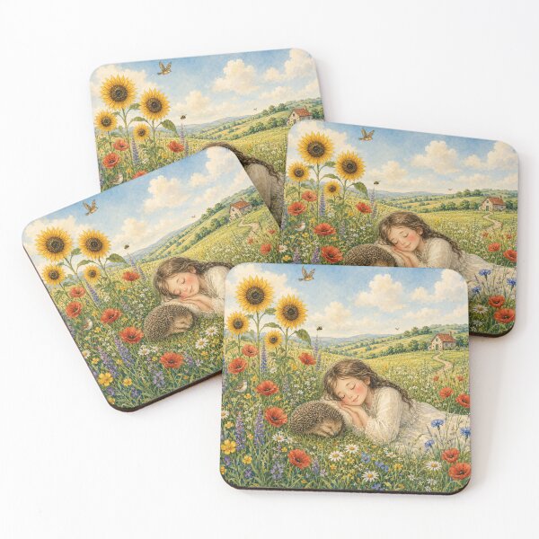 Item preview, Sleeping girl in a flower meadow with hedgehog and sunflowers designed and sold by thirtyonestars.
