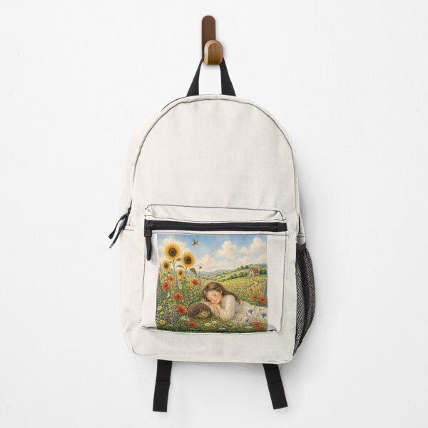Item preview, Sleeping girl in a flower meadow with hedgehog and sunflowers designed and sold by thirtyonestars.