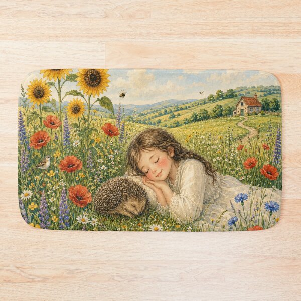 Item preview, Sleeping girl in a flower meadow with hedgehog and sunflowers designed and sold by thirtyonestars.