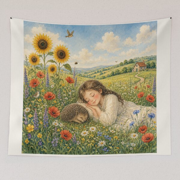 Item preview, Sleeping girl in a flower meadow with hedgehog and sunflowers designed and sold by thirtyonestars.