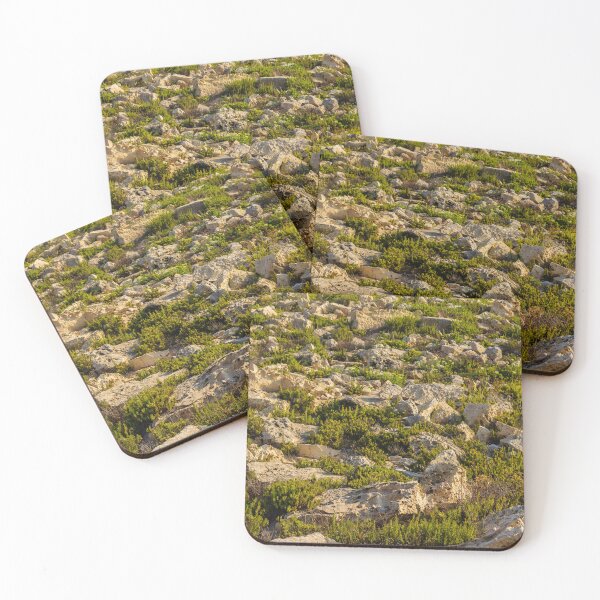Item preview, Rocky Coastal Terrain With Low Green Shrubs and Sunlit Limestone Boulders designed and sold by Nmallia.