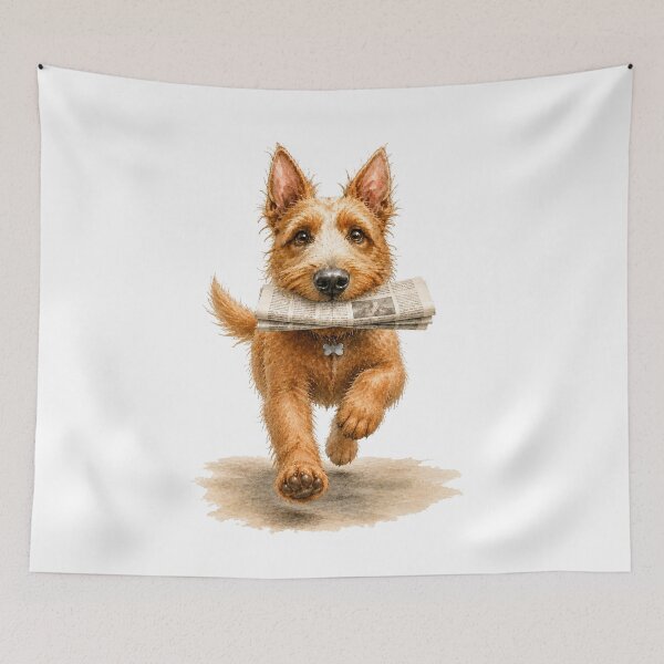 Item preview, Happy Shaggy Dog Delivering the News – Watercolor Art designed and sold by Russell Thorne.