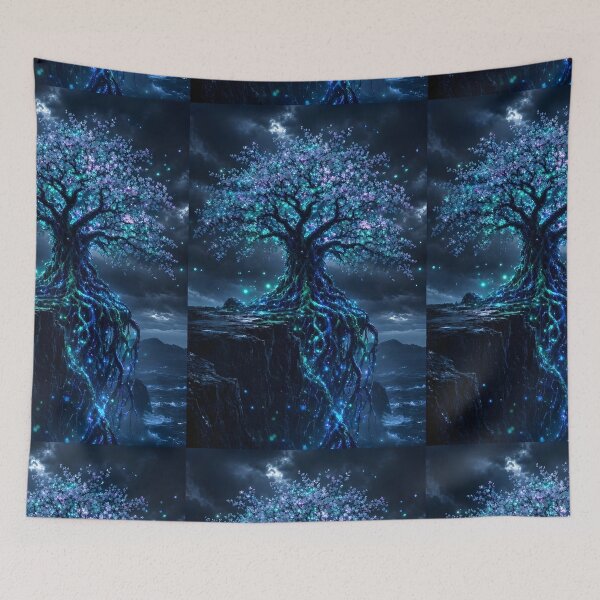 Item preview, Bioluminescent Tree of Life on Cliff Night Galaxy Wall Art designed and sold by Pyt27.
