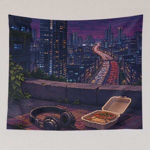 Item preview, Night City Lofi Pixel Art: Rooftop Edge Peace designed and sold by bapupa.
