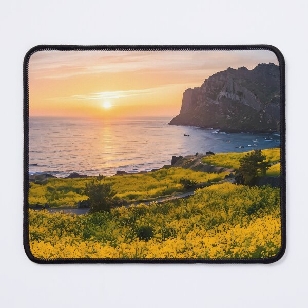 Item preview, Breathtaking Spring Sunrise at Seongsan Ilchulbong, Jeju Island, Korea: Vibrant Yellow Canola Fields, Volcanic Crater & Emerald Ocean Art Print, Poster & Home Decor designed and sold by SOOstudio73.