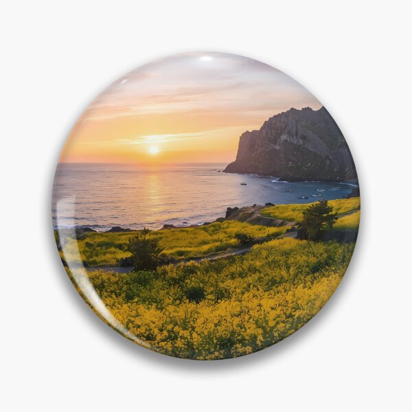 Item preview, Breathtaking Spring Sunrise at Seongsan Ilchulbong, Jeju Island, Korea: Vibrant Yellow Canola Fields, Volcanic Crater & Emerald Ocean Art Print, Poster & Home Decor designed and sold by SOOstudio73.