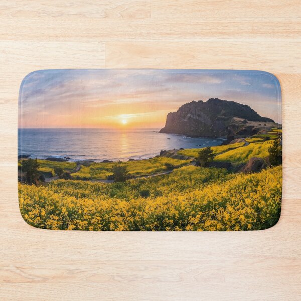 Item preview, Breathtaking Spring Sunrise at Seongsan Ilchulbong, Jeju Island, Korea: Vibrant Yellow Canola Fields, Volcanic Crater & Emerald Ocean Art Print, Poster & Home Decor designed and sold by SOOstudio73.
