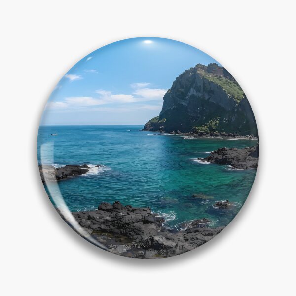 Item preview, Vibrant Summer Ocean & Volcanic Rocks at Seongsan Ilchulbong, Jeju Island, Korea: Crystal Clear Emerald Sea, Rugged Basalt Cliffs & Tropical Coastal Art Print, Poster & Home Decor designed and sold by SOOstudio73.