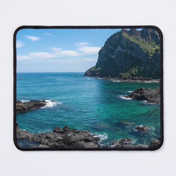Item preview, Vibrant Summer Ocean & Volcanic Rocks at Seongsan Ilchulbong, Jeju Island, Korea: Crystal Clear Emerald Sea, Rugged Basalt Cliffs & Tropical Coastal Art Print, Poster & Home Decor designed and sold by SOOstudio73.