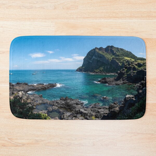 Item preview, Vibrant Summer Ocean & Volcanic Rocks at Seongsan Ilchulbong, Jeju Island, Korea: Crystal Clear Emerald Sea, Rugged Basalt Cliffs & Tropical Coastal Art Print, Poster & Home Decor designed and sold by SOOstudio73.