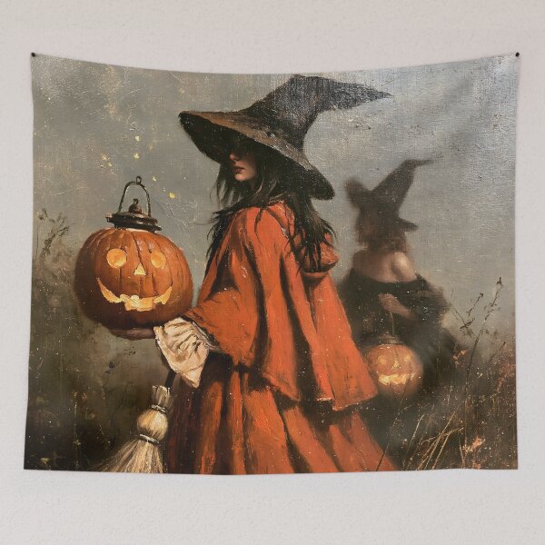 Item preview, Vintage Halloween Witches Oil Painting Pumpkin Lantern Artwork designed and sold by GrinGalore.