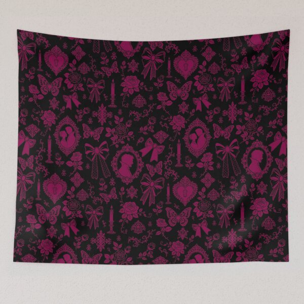 Item preview, Gothic Romance Victorian Vampire Roses Lace Bows Pattern Violet Black Pink designed and sold by WildLakePatterns.