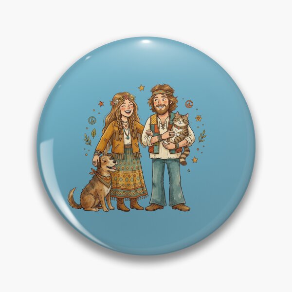 Item preview, Vintage-style hippie couple with a dog and a cat. designed and sold by FootprintofLove.