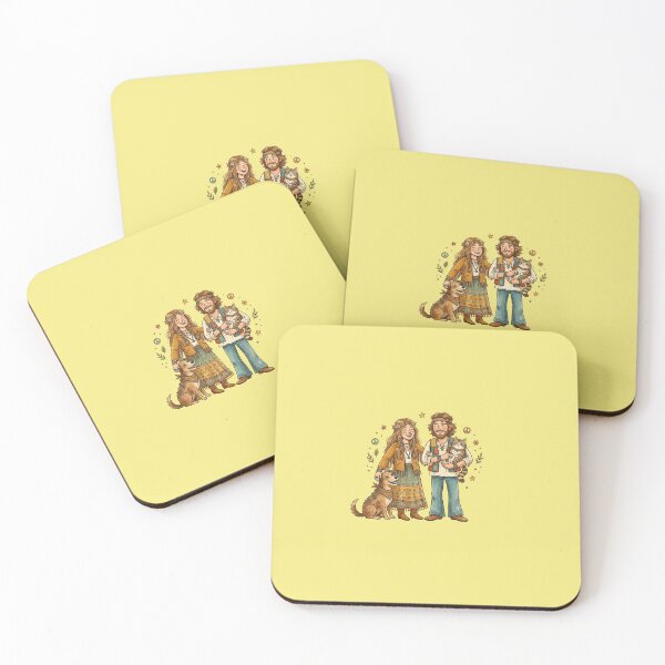 Item preview, Vintage-style hippie couple with a dog and a cat. designed and sold by FootprintofLove.