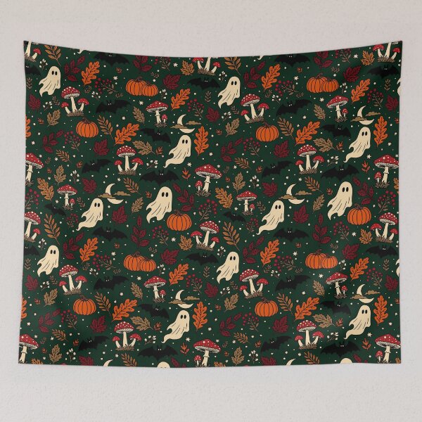 Item preview, Spooky Forest Halloween Ghosts Mushrooms Pumpkins Bats Pattern Green designed and sold by WildLakePatterns.