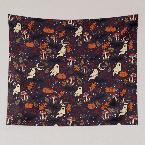Item preview, Spooky Forest Halloween Ghosts Mushrooms Pumpkins Bats Pattern Purple designed and sold by WildLakePatterns.