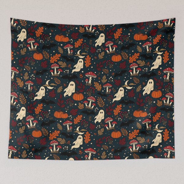 Item preview, Spooky Forest Halloween Ghosts Mushrooms Pumpkins Bats Pattern Blue designed and sold by WildLakePatterns.