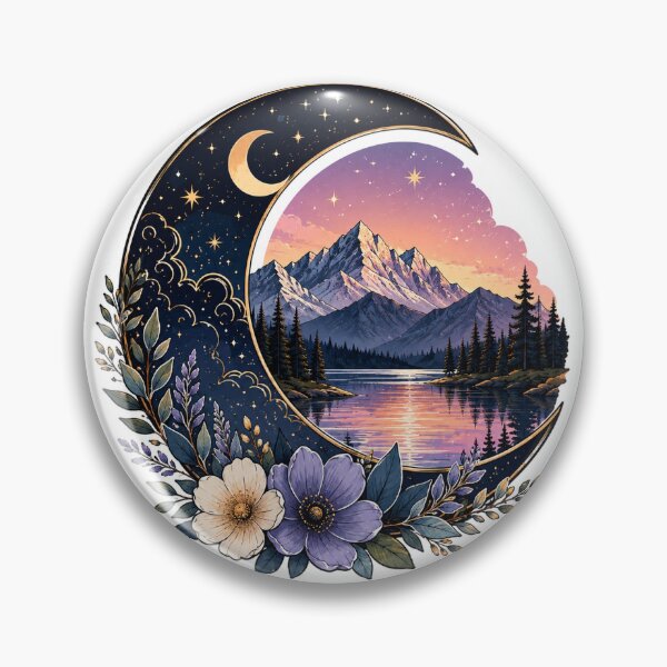 Item preview, Crescent Moon Mountain Lake Sticker | Celestial Floral Wilderness Art designed and sold by PopStickerLab22.