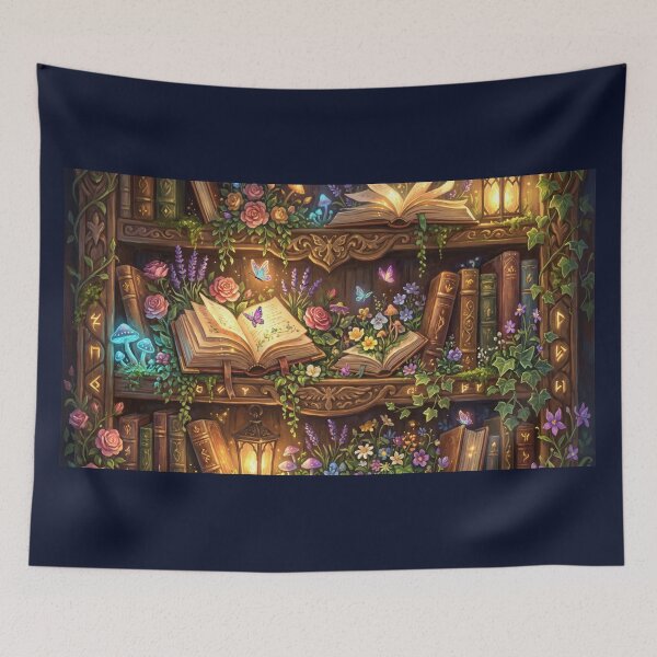 Item preview, Enchanted Bookshelf | Magical Library with Flowers and Butterflies designed and sold by SebastianSpace.