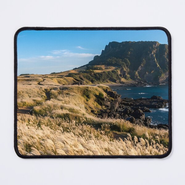 Item preview, Golden Silver Pampas Grass & Autumn Breeze at Seongsan Ilchulbong, Jeju Island, Korea: Majestic Volcanic Crater, Deep Blue Sea & Scenic Coastal Landscape Art Print, Poster & Home Decor designed and sold by SOOstudio73.