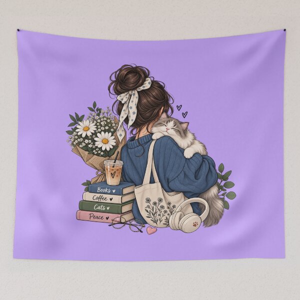 Item preview, Cozy Cat Girl Aesthetic – Books, Coffee & Cats Cute Illustration designed and sold by KenjiSano.