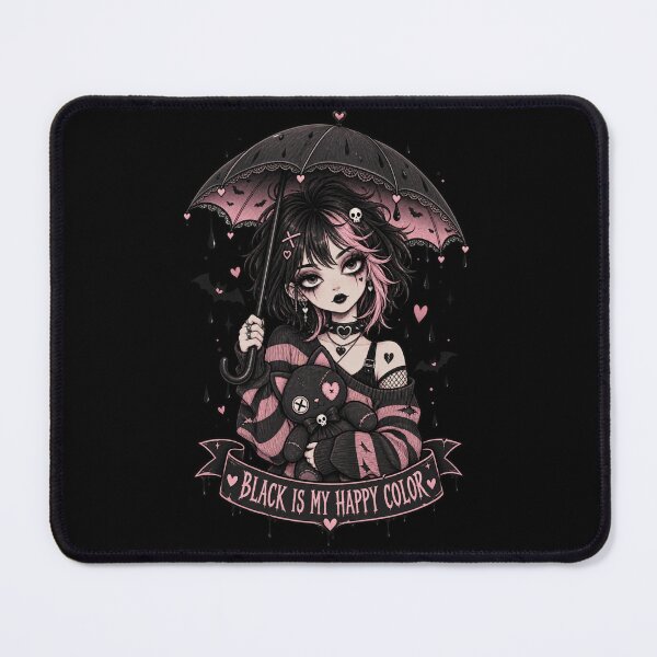 Item preview, Black Is My Happy Color Goth Emo Girl Creepy Cute Cat Tee designed and sold by MyFreakyWorld.